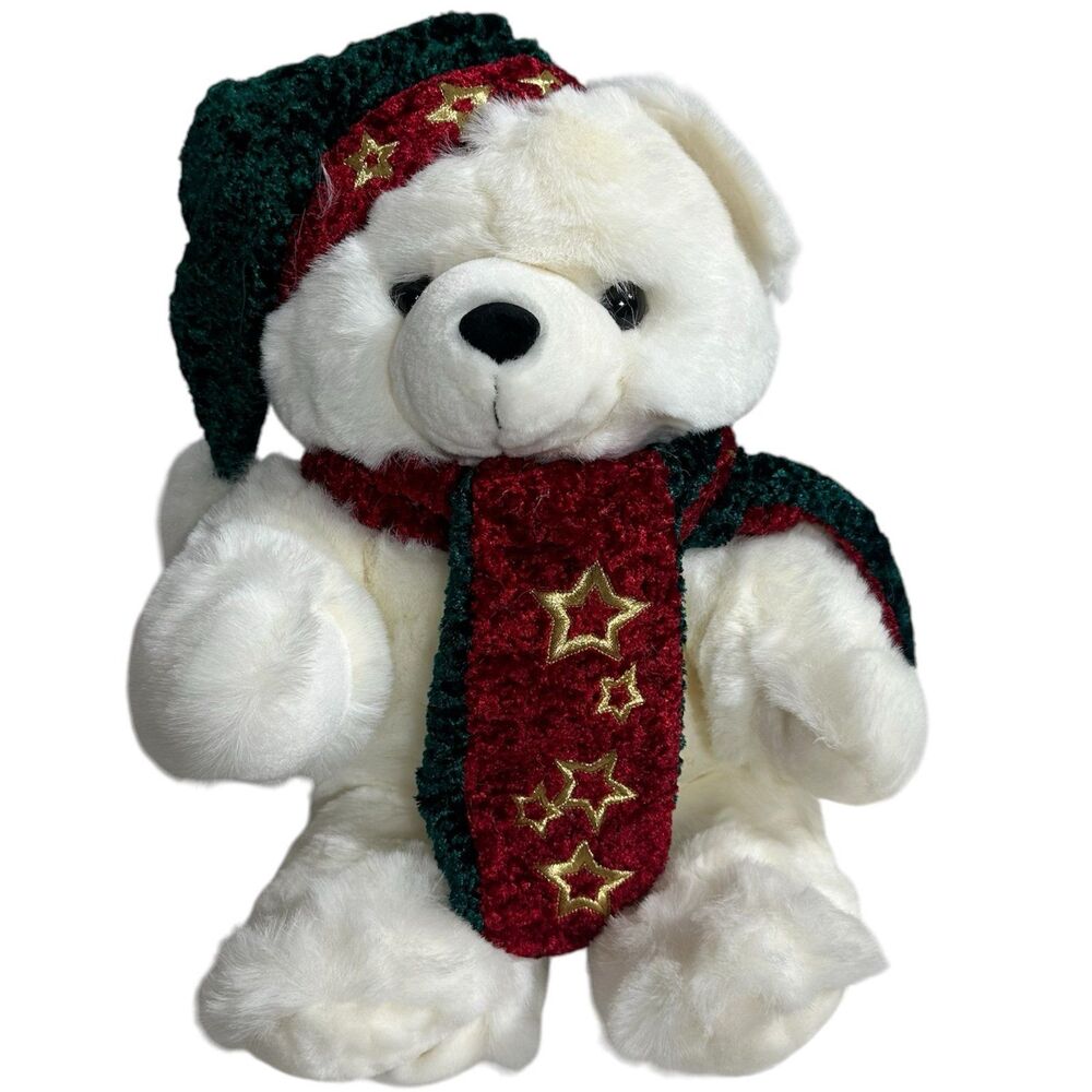 VTG  2001 Kmart Christmas White Teddy Bear Matching Scarf & Hat Holiday Decor